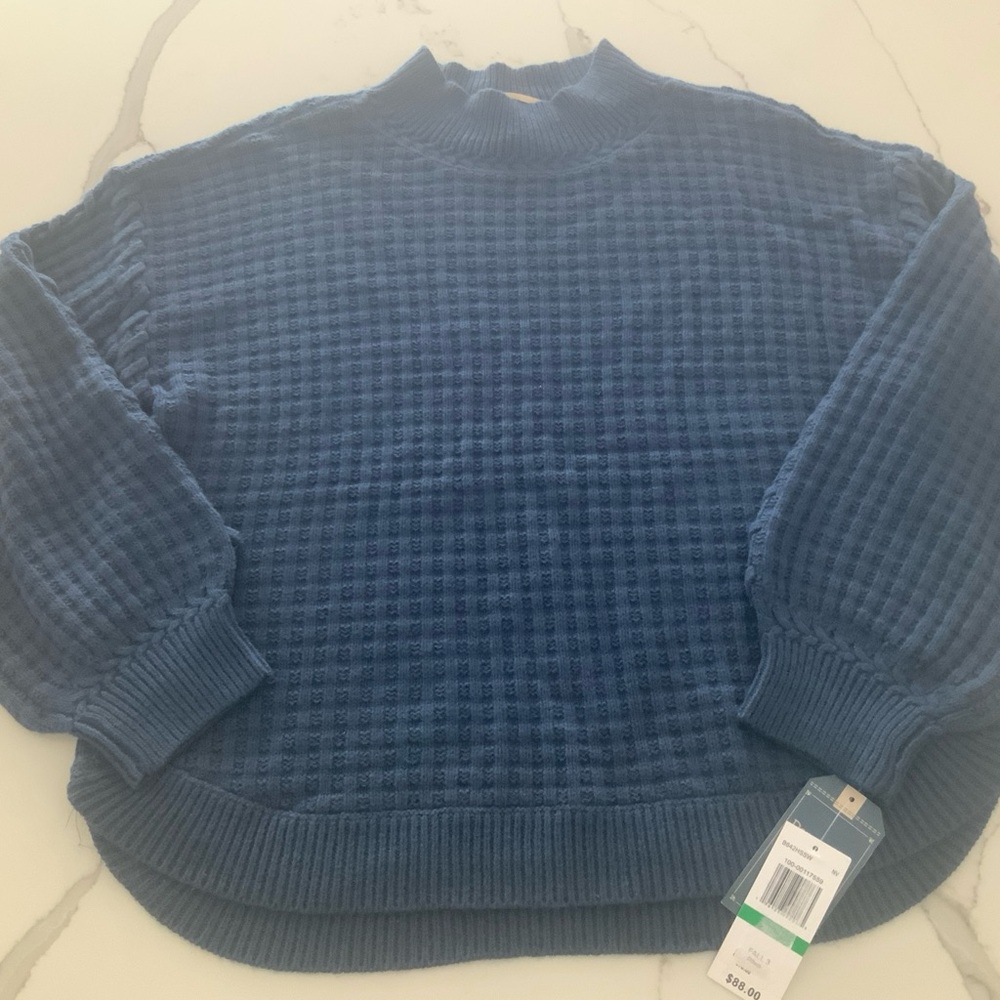 Democracy Sweater L Textured Navy Blue Lace up Detail Large Mock Neck